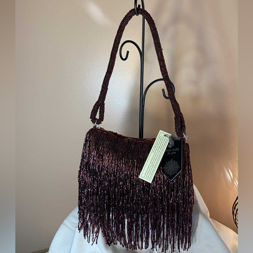 Viral Beaded Burgundy Fringe Bag
